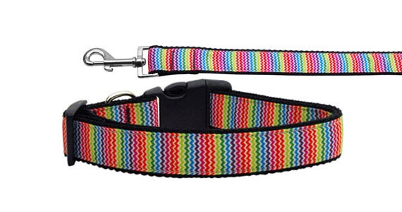 Collar o correa de nailon para perros y gatos, "Arcoíris en zigzag"