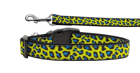 Collar o correa de nailon para perros y gatos, estampado de leopardo azul y amarillo