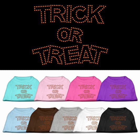 Camiseta de Halloween para perros y gatos con diamantes de imitación y texto "Truco o trato"