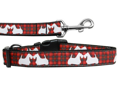 Collar o correa de nailon para perros y gatos, "Red Plaid Scotty Pups"