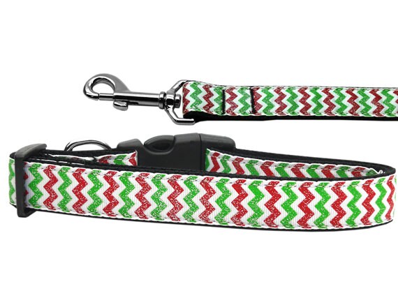 Christmas Pet Dog & Cat Nylon Collar or Leash, "Christmas Sparkle Chevron"