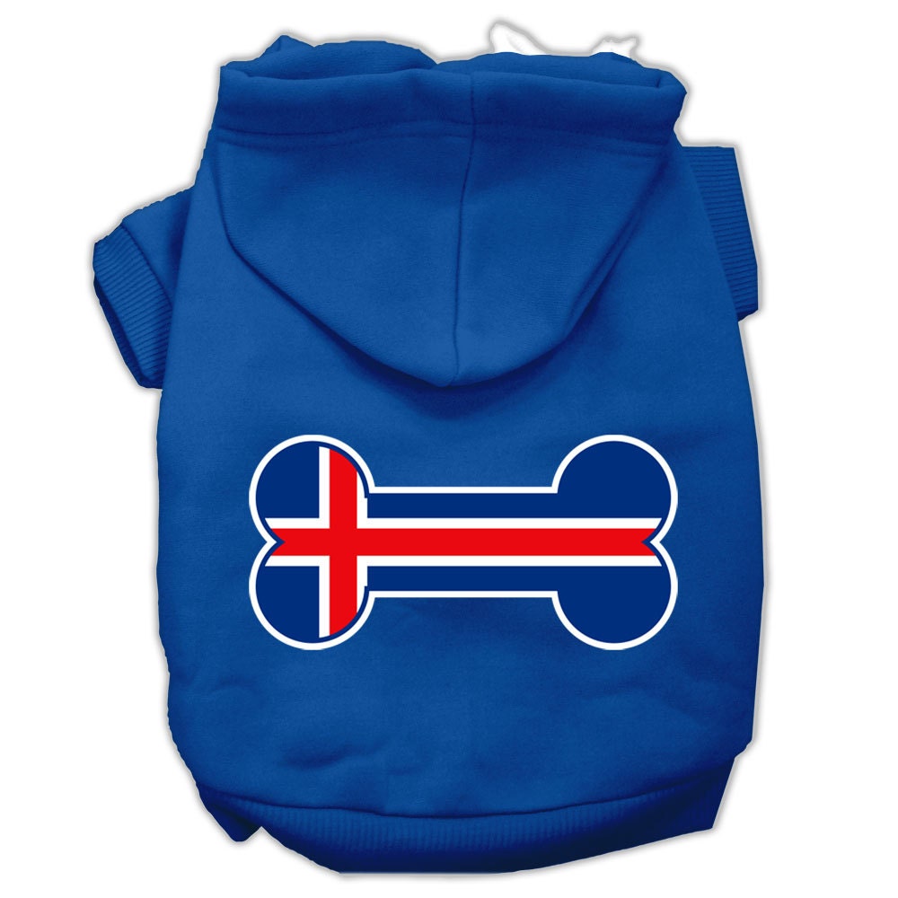 Sudadera con capucha para mascotas, perros y gatos serigrafiada con la bandera de Islandia en forma de hueso