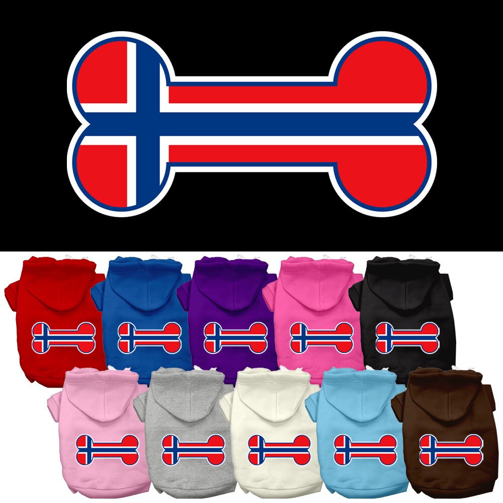 Sudadera con capucha para mascotas, perros y gatos serigrafiada con la bandera de Noruega en forma de hueso