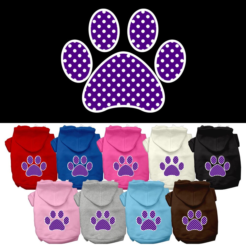 Sudadera con capucha para mascotas, perros y gatos serigrafiada con el texto "Purple Swiss Dots Paw"