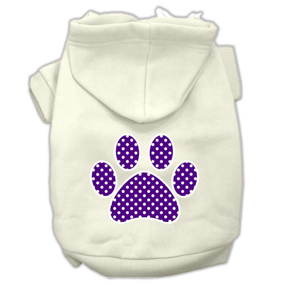 Sudadera con capucha para mascotas, perros y gatos serigrafiada con el texto "Purple Swiss Dots Paw"