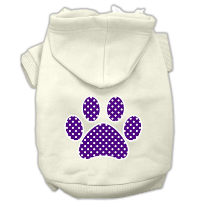 Sudadera con capucha para mascotas, perros y gatos serigrafiada con el texto "Purple Swiss Dots Paw"