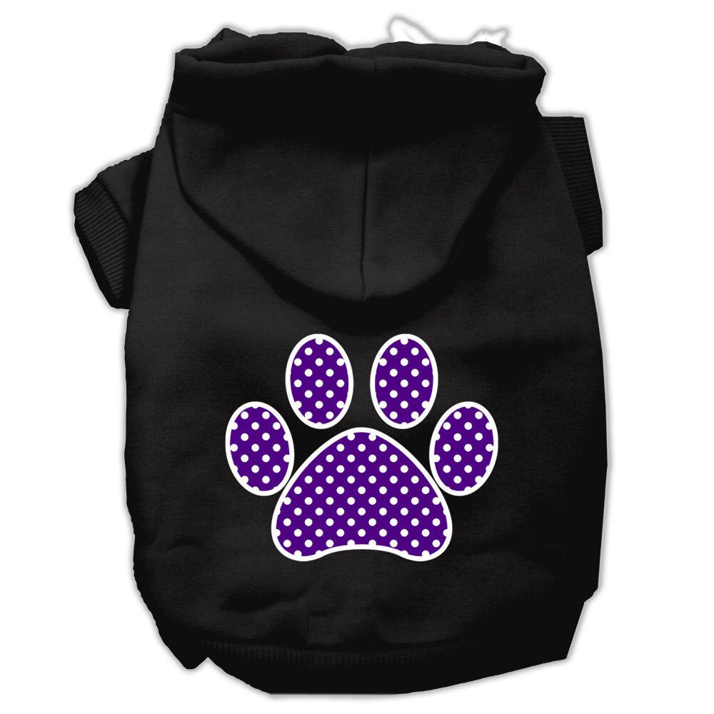 Sudadera con capucha para mascotas, perros y gatos serigrafiada con el texto "Purple Swiss Dots Paw"