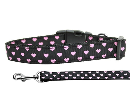 Pet Dog and Cat Nylon Collar or Leash, "Pink & Black Dotty Hearts"