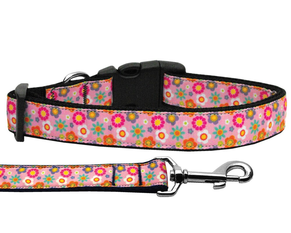 Collar o correa de nailon para perros y gatos, "Flores primaverales rosas"