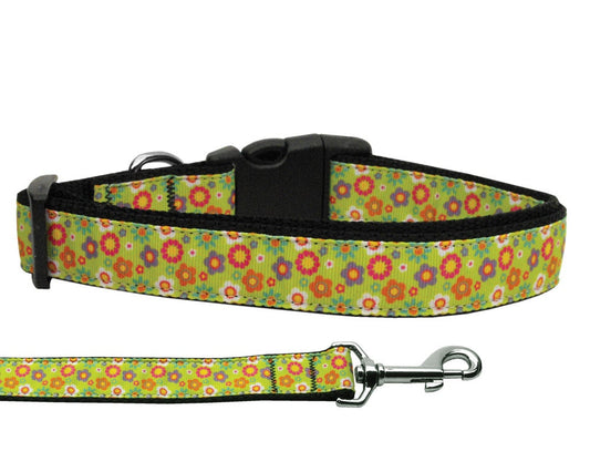 Pet Dog & Cat Nylon Collar or Leash, "Lime Green Spring Flowers"