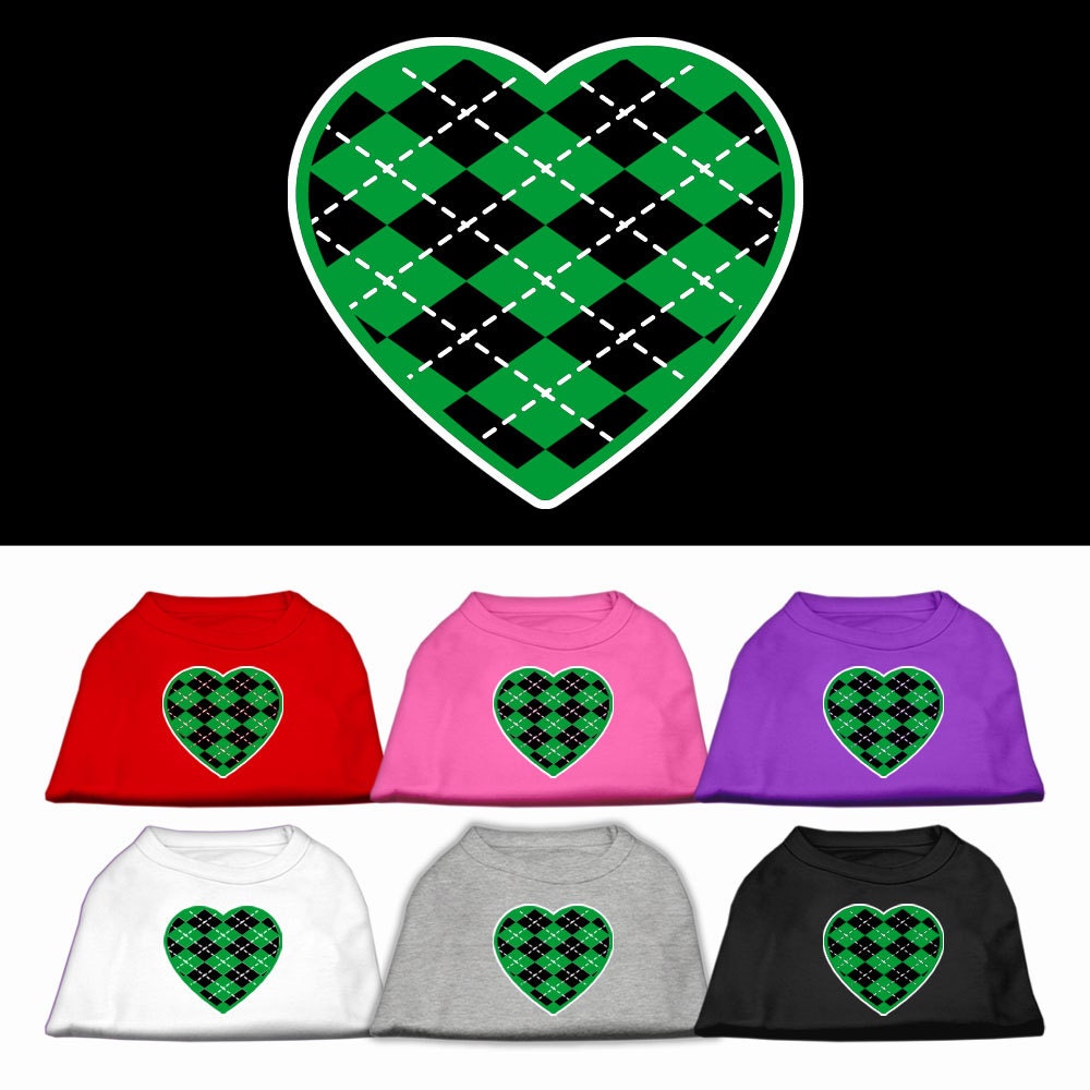 Camiseta para perros y gatos serigrafiada, "Argyle Heart Emerald Green"