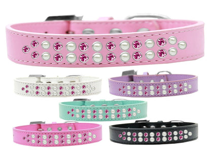 Collar de moda para perros, cachorros y mascotas, "Con dos hileras de perlas y cristales rosas"