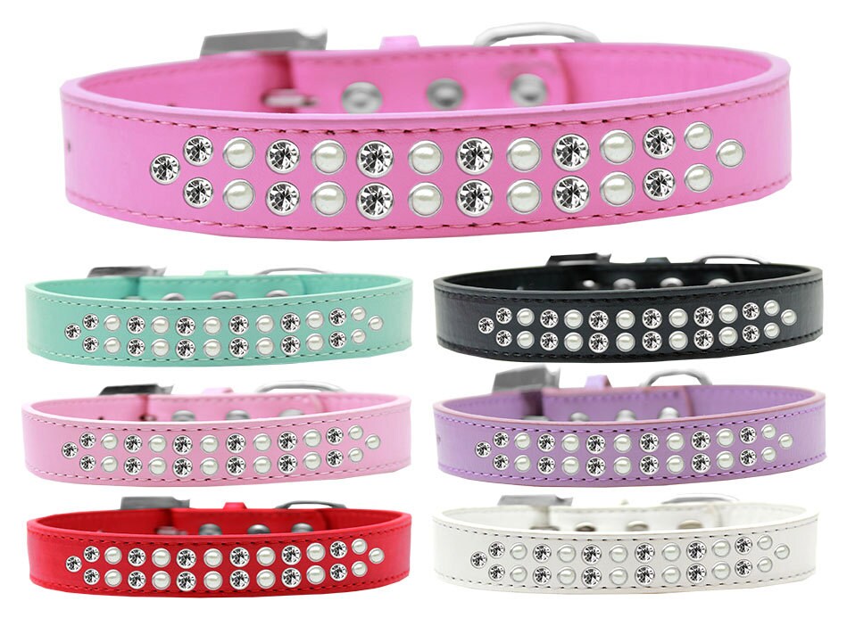 Collar de moda para perros, cachorros y mascotas, "Con dos hileras de perlas y bordes de cristal transparente"