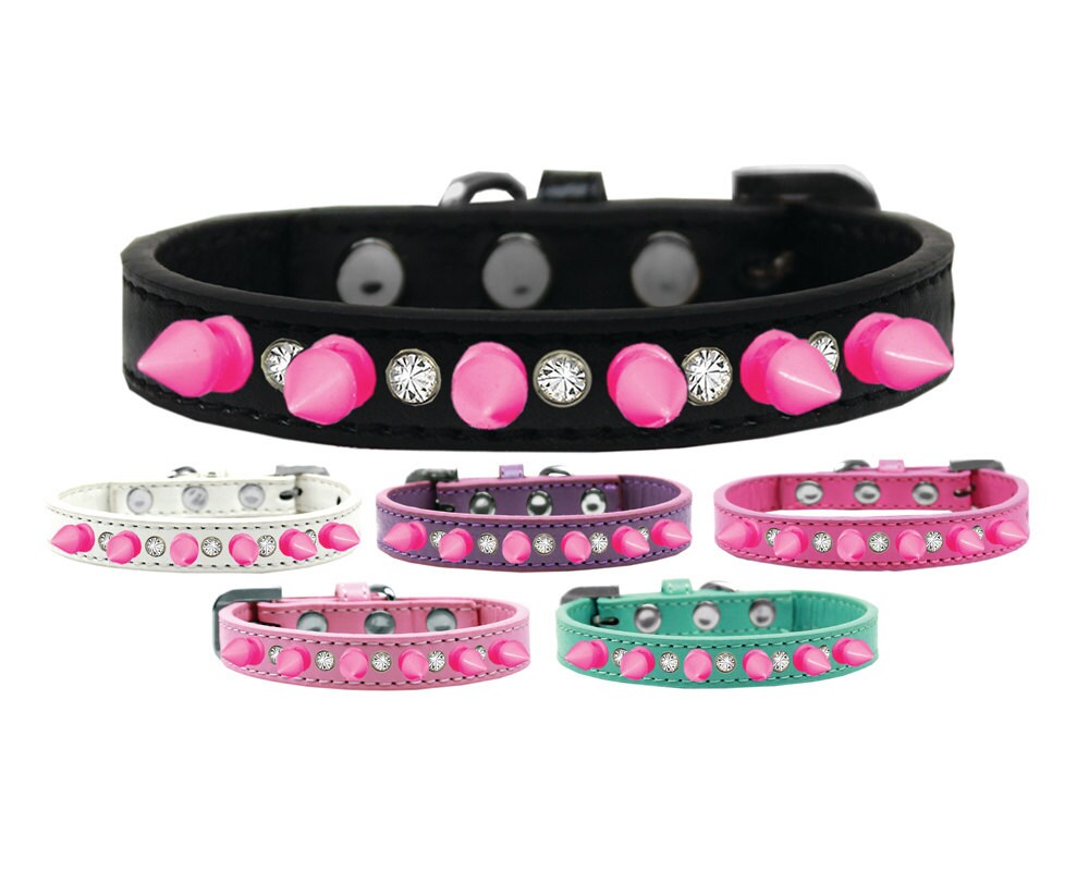 Collar con púas para perros y mascotas, "Cristales transparentes y púas de color rosa brillante"