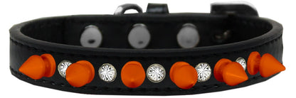 Pet and Dog Spike Collar, "Clear Crystals & Neon Orange Spikes”