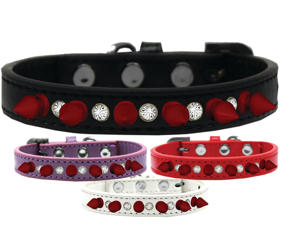 Pet and Dog Spike Collar, "Clear Crystals & Red Spikes”