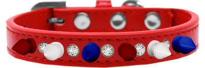 Pet and Dog Spike Collar, "Clear Crystals & Red, White and Blue Spikes”