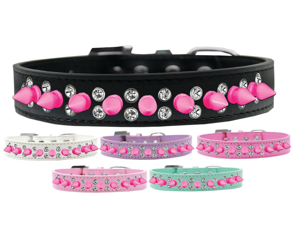 Collar con púas para perros y mascotas, "Púas de cristal doble y rosa brillante"