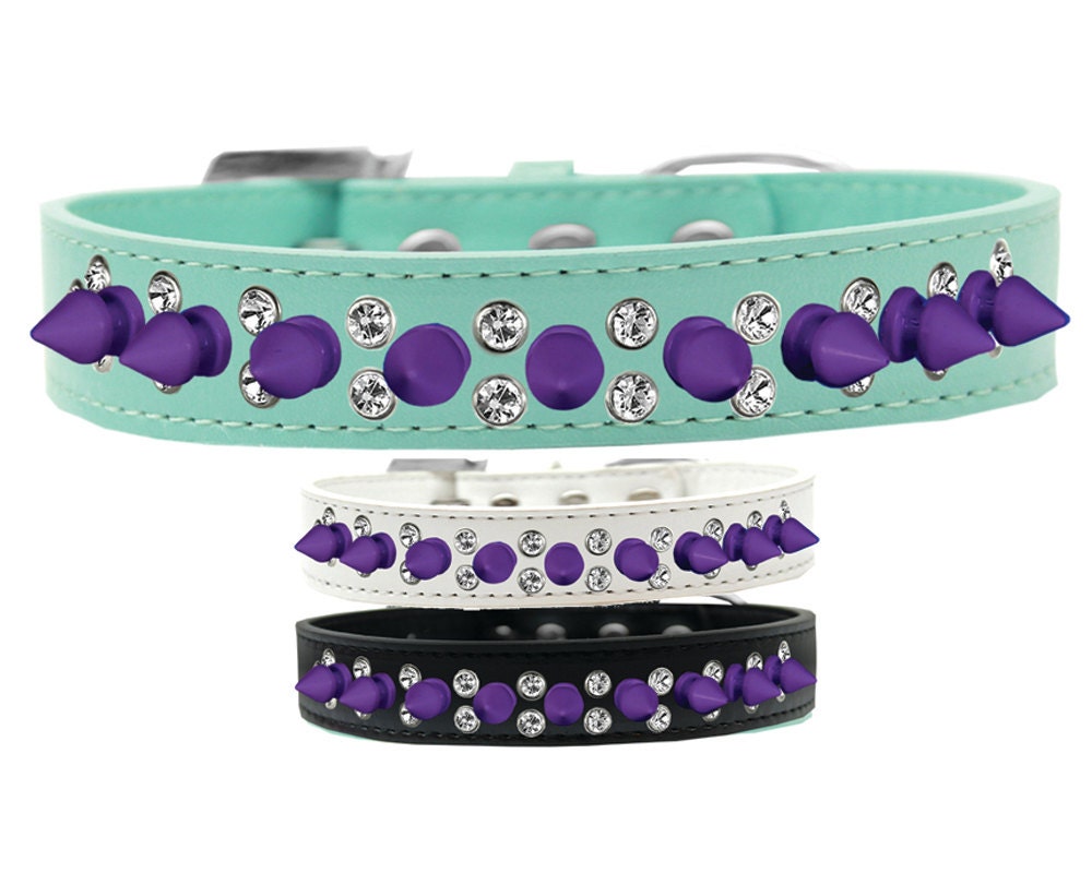 Collar con púas para perros y mascotas, "cristales transparentes dobles y púas moradas"